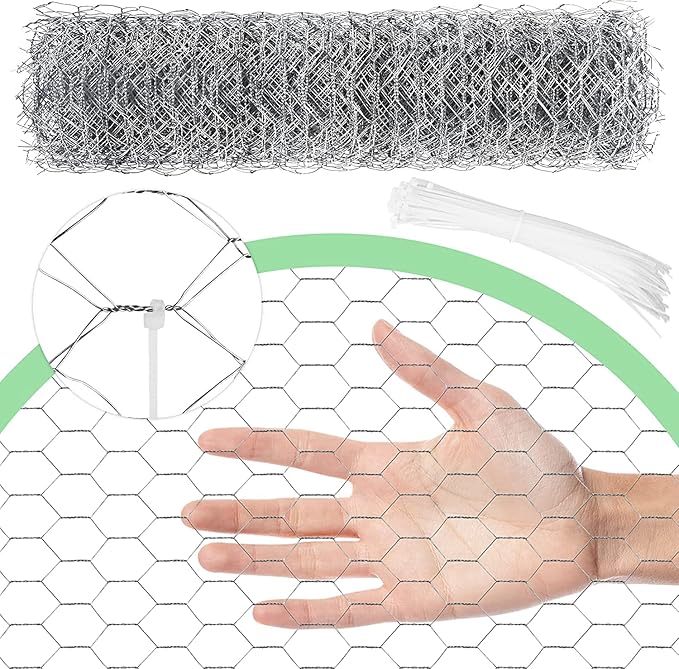 Chicken Wire 15.7 in x 237 in Poultry Wire Netting Hexagonal Galvanized Mesh Garden Fence Barrier for Pet Rabbit Chicken Fencing with 100 Pcs Cable Zip Ties