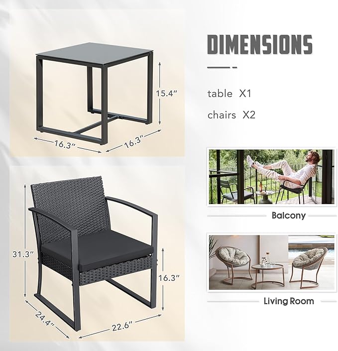 Greesum 3 Pieces Outdoor Furniture Set Patio Bistro Chairs with Glass Coffee Table for Pool Beach Backyard Balcony Porch Deck Garden, Black