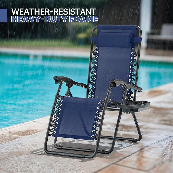 Magshion Zero Gravity Lounge Chairs Set of 2, Outdoor Patio Reclining Chair with Side Tray, Adjustable Anti-Gravity Recliners with Pillow Headrest, Folding Lounger for Lawn Camping Beach, Navy Blue