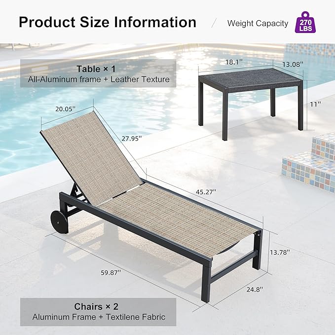 PURPLE LEAF Chaise Lounge Chair with Wheels for Outside 2 Pieces Aluminum Outdoor Chaise Lounge Chairs with 5 Adjustable Position Recliner for Patio Beach Yard Pool Camel