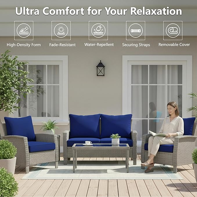 19x19 Inch Patio Chair Cushions Set of 4, Outdoor Furniture Cushions - Removable Cover, Water-Repellent, Fade-Resistant, Non-Slip Bottom & Straps, Replacement for Lawn, Porch & Deck Chair - Navy