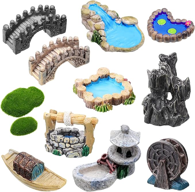 Jetec 12 Pcs Mini Fairy Garden Accessories Miniature Tiny Stone Bridge Mini Pond Mountain Moss Stones Water Well Waterwheel Figurines Resin Ornaments for DIY Craft, Lawn Pond Decor