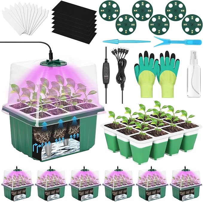 Mckanti 6 Set Self-Watering Seed Starter Tray Kits with Grow Light, Reusable Seed Germination Kit with Adjustable Humidity Domes and Silicone Cell Base Tray for Indoor Plant Seeds GerminationKit