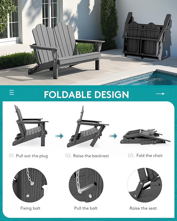 SERWALL Outdoor Patio Adirondack Set, 2 Folding Adirondack Bench & 1 Coffee Table with Umbrella Hole, HDPE All-Weather Adirondack Furniture Set for Front Porch Garden Balcony Backyard, Grey