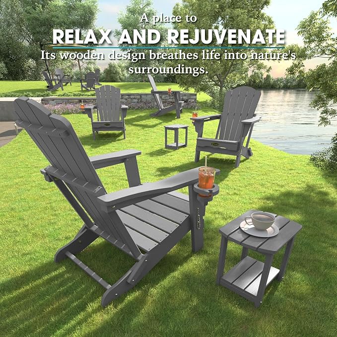 Folding Adirondack Chair Set of 4,HDPE All-Weather Outdoor Chair with Cup Holder,Wooden Textured,Fire Pit Chair,Plastic Patio Chair for Deck,Backyard,Garden,Lawn(Grey)