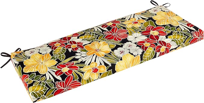 Pillow Perfect Tropic Floral Indoor/Outdoor Sofa Setee Bench Swing Cushion with Ties, Weather, and Fade Resistant, 18" x 45", Black/Green Clemens, 1 Count
