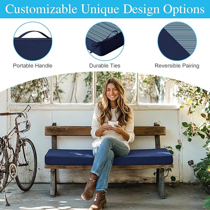 Amagenix Custom Bench Cushion for Outdoor/Indoor Furniture, Bay Window Seat/Porch/Swing Cushion, Waterproof & Fade-Resistant, Optional Non-Slip Bottom, Ties, Handle, Dual-Sided Stripes Direction