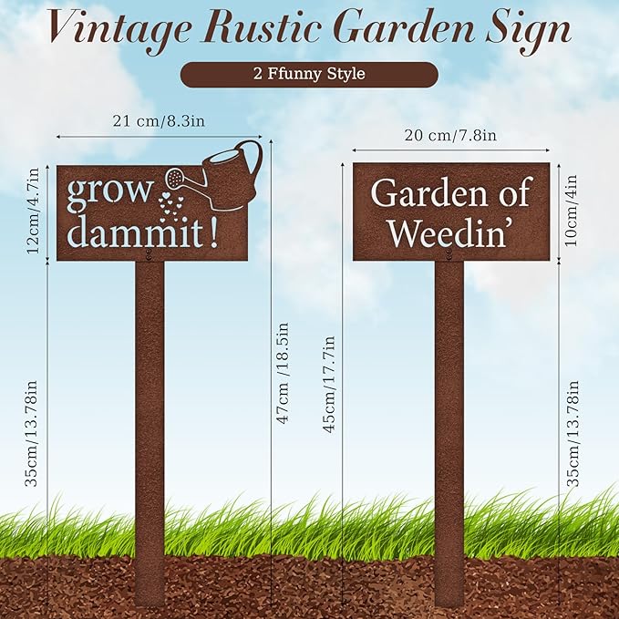 Shimeyao 2 Pcs Christmas Rustic Grow Dammit Garden Sign and Garden of Weedin' Sign Stake Funny Gardening Gifts Outdoor Metal Vegetable Gardening Decor for Men Women Mom Dad Gardener, 18.5" H