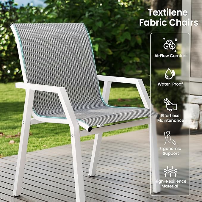 7 Piece Patio Dining Sets for 6, Outdoor Table and Chairs Set with 59in Patio Dining Table and 6pcs Textilene Chairs, All Weather Furniture Set for Backyard Deck Garden