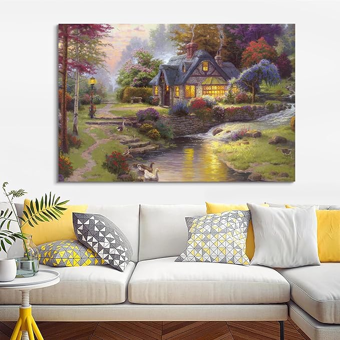 STUDIO HAVEN Thomas Kinkade Canvas Wall Art, Riverfront Cottage Stream with Ducks Stone Path Flower Garden Warm Lights Oil Painting Poster Rustic Wall Decor, Framed Prints for Home Decor, 24x16Inch