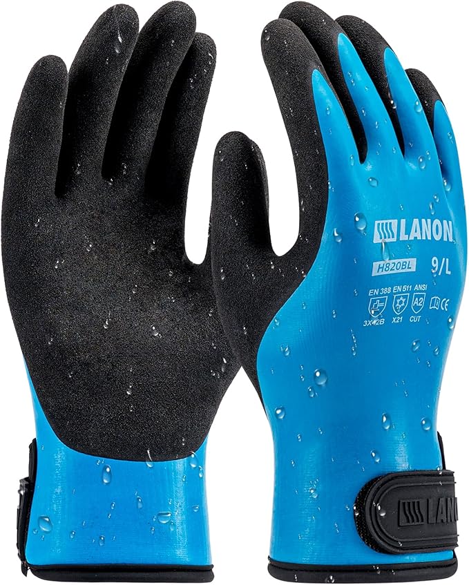 LANON Waterproof Winter Work Gloves, Double Latex Coated, Thermal Insulated Freezer Gloves for Cold Weather, Heavy Duty, Non-Slip Grip, Wrist Closure, Blue,L
