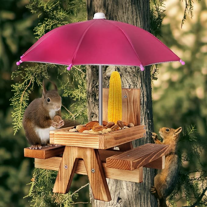 Gnodary Squirrel Feeder with Umbrella, Squirrel Feeders for Outside, Squirrel Picnic Table Feeder - Chipmunk Feeder Hold Corn, Corn Cob, Peanuts (Dark-Pink)