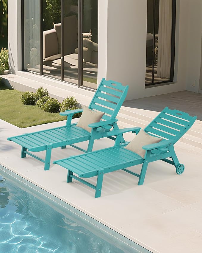 Carauci Lounge Chair Outdoor, HDPE Chaise Lounge with Wheels, 5-Position Adjustable Backrest & 2 Cup Holders Patio Lounge Chair, All-Weather Pool Sun Lounger for Poolside, Backyard, Lake Blue