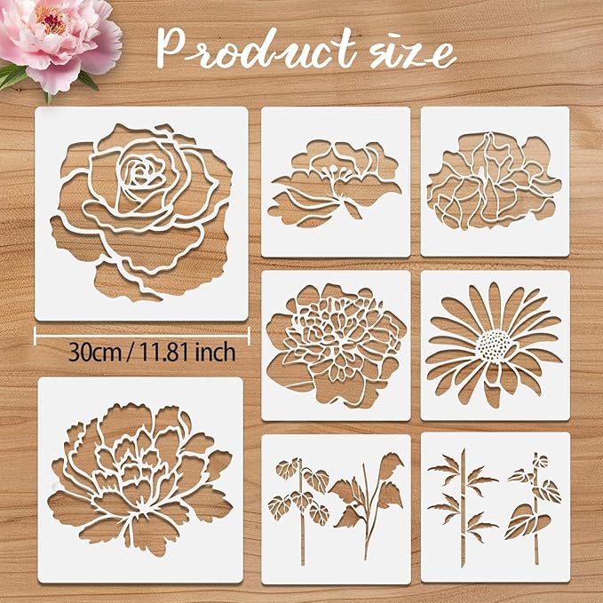 8 Pcs Large Flower Stencils for Painting, 11.81 X 11.81 Inch Flower Stencils for Crafts Reusable, Wood and Wall Stencils for Painting Large Pattern, DIY Templates Holiday Wall Paper (A)