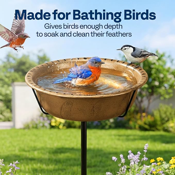 VIVOHOME Bird Bath for Outside, Outdoor 13'' Birdbath Bowl with Metal Ground Stake, Weather-Resistant ABS Bird Bath and Feeder for Garden, 1.45 Gallons, Copper