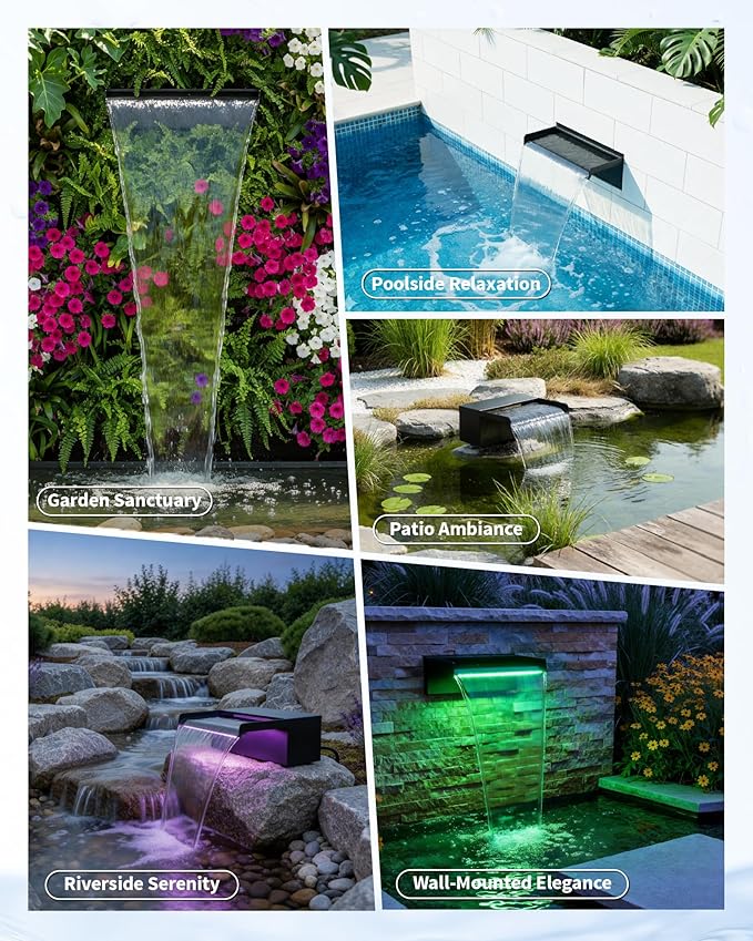 POPOSOAP 8inch Pond Waterfall Spillway with RGB LED Lights & 660GPH Pump Kit - APP/Remote Control, 304 Stainless Steel Pond Spillway with 9.8FT Tubing for Garden Ponds Landscape Water Features-P42DY