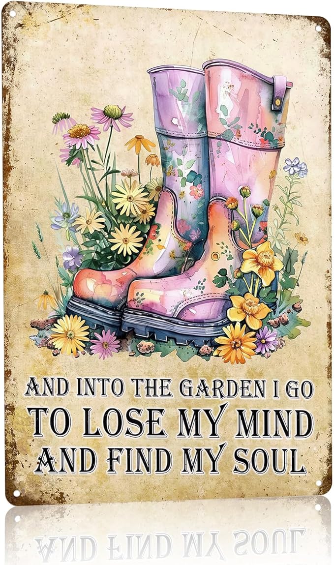 Garden Metal Tin Sign 8x12 Inch, Vintage Floral Rain Boots Wall Decor with Inspirational Quote Into the Garden I Go, Rustic Farmhouse Gardening Sign, Shed Patio Porch Outdoor Bar Cafe Wall Decoration