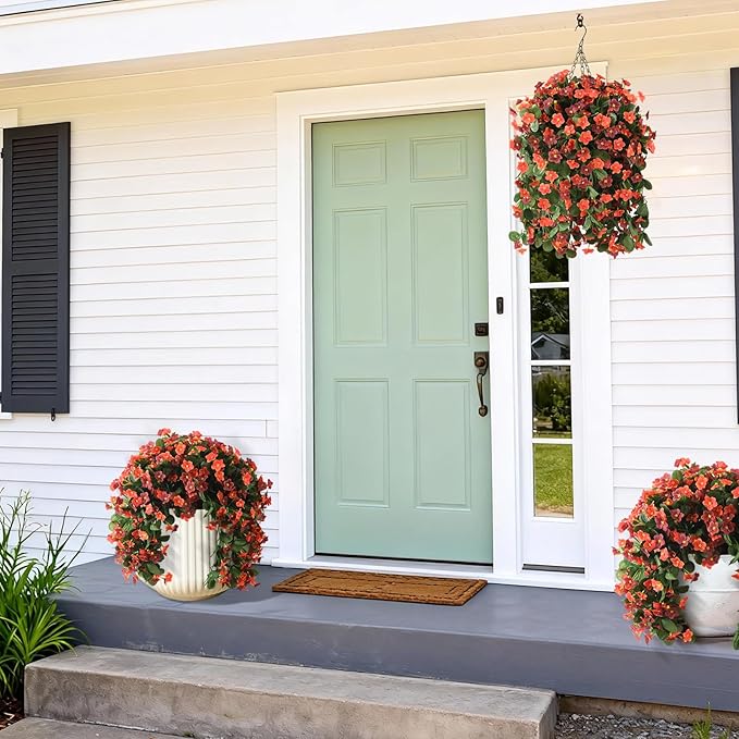 2 Pack Artificial Hanging Flowers, Fake Flowers Hanging Plant Violet Flower, Artificial Faux Silk Spring Flower for Wall Front Door Yard Garden Wedding Outdoor Decoration(Orange Brown)