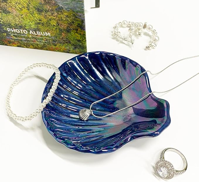 Shell Jewelry Holder Dish, Ceramic Seashell Trinket Dish for Women, Cute Room Decor Jewelry Plates for Earrings Ring, Birthday Mother's Day Christmas Gift for Women 3.9", Indigo Iridescent Surface