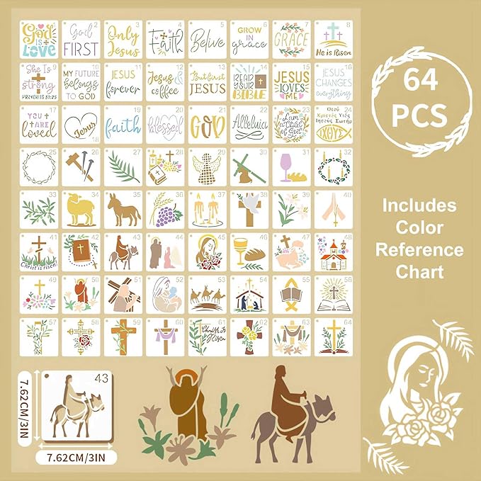 Christian Stencils for Painting, 64PCS 3x3 Inch Plastic Bible Stencils for Crafts Reusable, with Cross, Jesus, Angel & Bible Verse Designs, for DIY Wood Signs, Journaling, Card Making & Projects