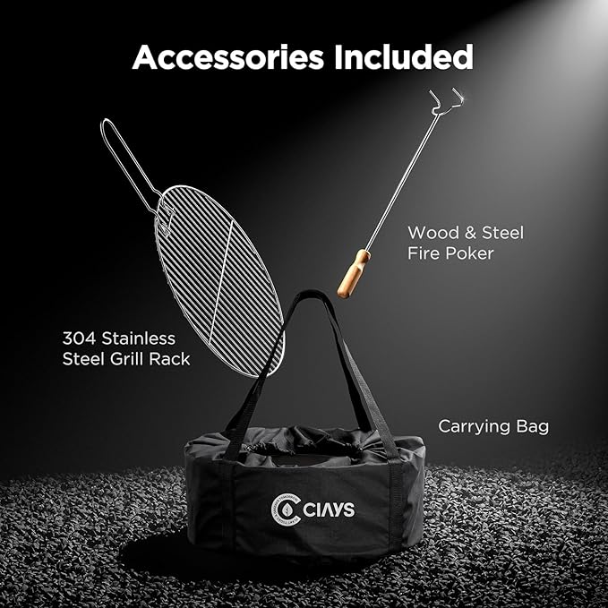 Ciays Smokeless Firepit, 21 Inch Fire Pit for Camping with Patented Technology, Portable Fire Pit for Outside with Steel Grill Rack, Fire Poker, and Bag, Easy Setup and Storage, Wood Burning (Black)