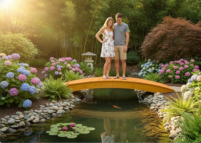 8 FT Oak Amish Made Pinewood Heavy Duty Garden Bridge for Walkway, Backyard Pond & Landscaping, Outdoor Wooden Footbridge for Koi Pond, Japanese Style Decorative Bridge, Made in USA