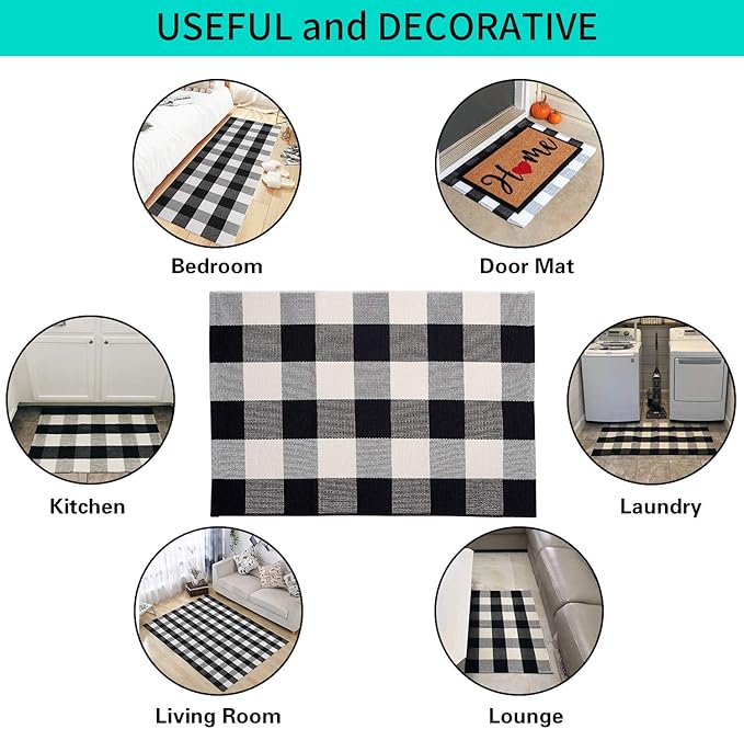 MUBIN Buffalo Plaid Rug 2X3 ft Outdoor Black and White Checked Rug Cotton Reversible Hand-Woven Indoor Washable Entryway Front Porch Decor Rugs for Layered Welcome Front Door Mats