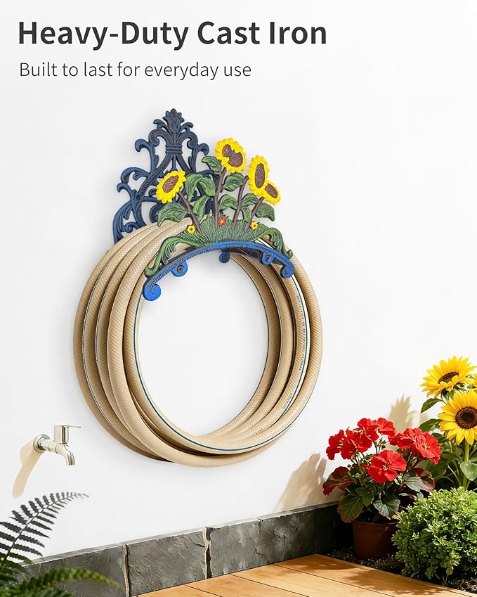 Cast Iron Garden Hose Holder Wall Mount, Rustic Heavy Duty Water Hose Hanger, Decorative Vintage Hose Reel Organizer for Outside Garden Yard Patio, Painted Sunflower Design