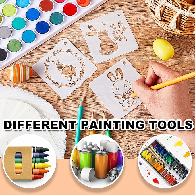 80 Pieces 3 x 3 Inch Easter Reusable Plastic Art Craft Kits for DIY Painting Art Projects Wood Wall Floor Fabric Furniture Tile Holiday Stencils Decorations Easter Egg Stencils Craft Kits