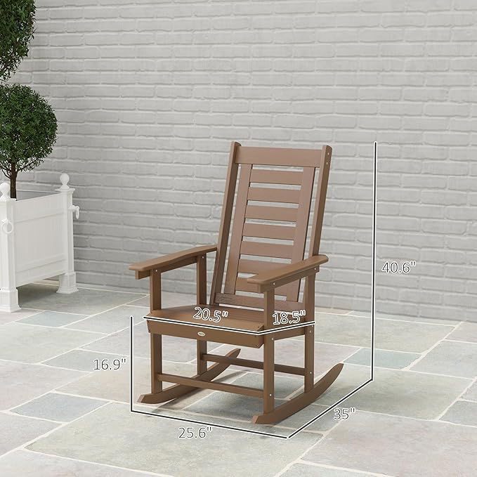 Outsunny Outdoor Rocking Chairs Set of 2, HDPE Patio Rocking Chairs with 28" High Back and Wide Armrests, All-Weather Slatted Porch Rockers for Garden, Balcony, Fire Pit, Brown