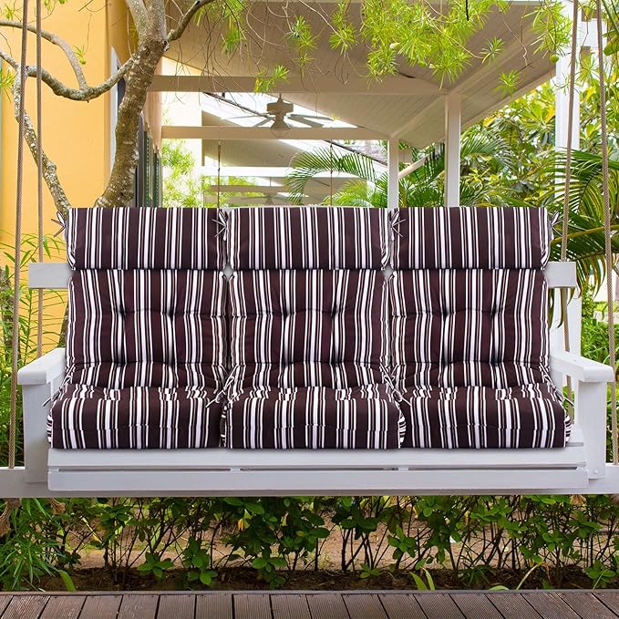 Barydat 4 Pcs Tufted High Back Chair Cushion Indoor Outdoor Seat and Back Cushions Palm Leaves Tropical Plants Lawn Rocking Chair Pads with Ties for Adirondack Patio Garden(Brown Stripes)