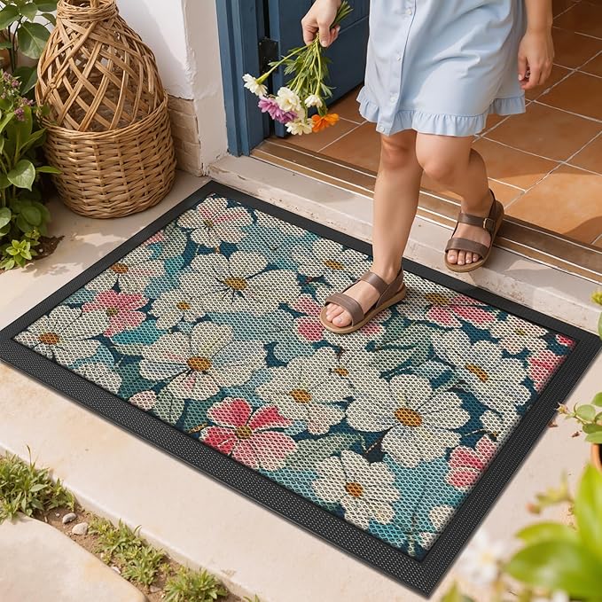 LUMI Outside Door Mat 17x30, Non Slip Rubber Backing Doormat, Low Profile Easy Clean Entrance Mats for Front Back Door Entryway Porch Garage, Bloom Flower