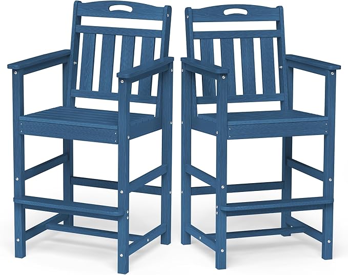 Ciokea Set of 2 Outdoor Tall Bar Chairs, 27" Bar Height Patio Stools with Arms & High Back, Heavy Duty All-Weather Adirondack Tall Chairs for Balcony, Poolside, Deck and Garden, Navy Blue