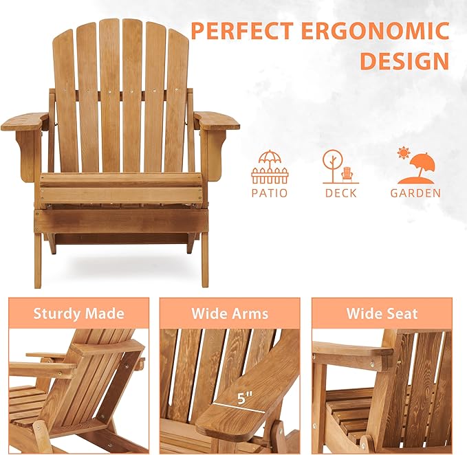 Oversized Wooden Folding Adirondack Chair with Pre-Assembled Backrest and Seat Board, Lounge Chair for Outdoor Patio Garden Lawn Backyard Firepit Deck Pool Beach