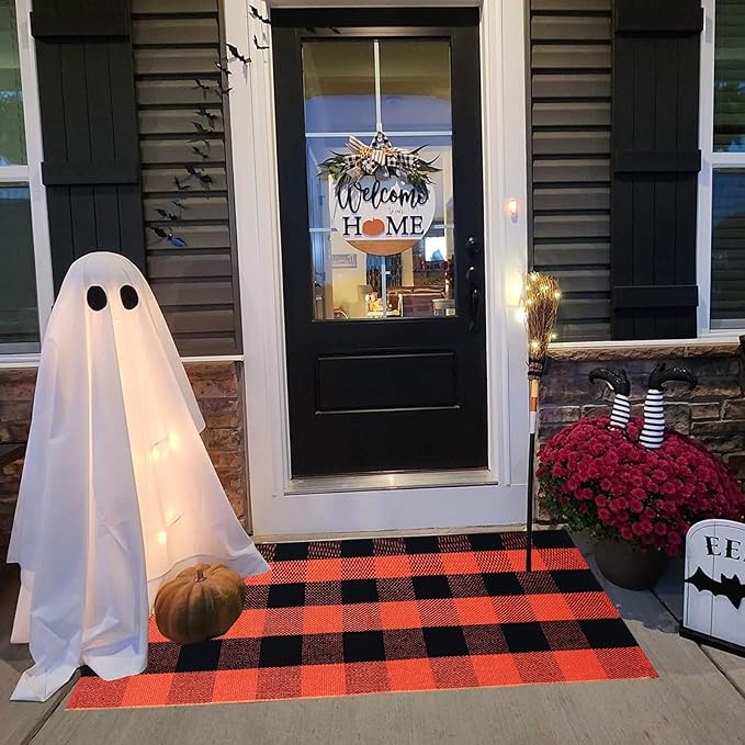 Halloween Door Mat Orange Buffalo Plaid Outdoor Rug Cotton Hand-Woven Buffalo Check Rug Layered Doormats for Front Door/Front Porch/Farmhouse/Entryway/Patio