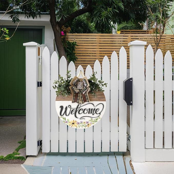 Welcome Sign Front Door Decoration 12 Inch Round Wood Wreath Wall Hanging Outdoor, Farmhouse, Porch, Suitable for Spring Summer Fall Seasons Holidays Christmas (Grass Green)
