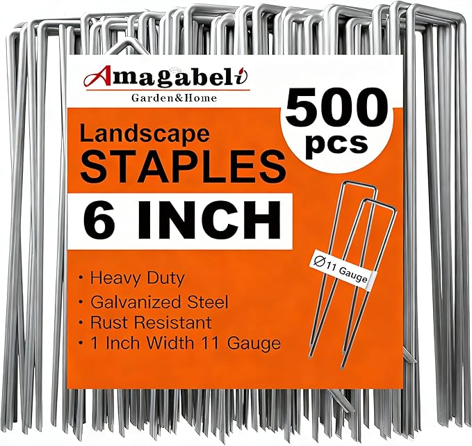 AMAGABELI 6 Inch 500 Pack Galvanized Landscape Staples 11 Gauge Anti-Rust Heavy Duty Garden Stakes Plant Cover Spikes U-Shaped Sod Pins Fence Stakes for Weed Barrier,Irrigation Tubing,Lawns,Decoration