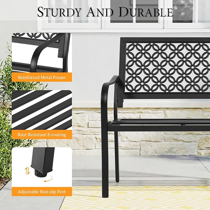 ONBRILL 50" Outdoor Bench, Garden Benches with Galvanized Metal Frame, Front Porch Bench with Floral Backrest, Patio Furniture with Adjustable Feet for Park, Yard, Lawn, Entryway, Black