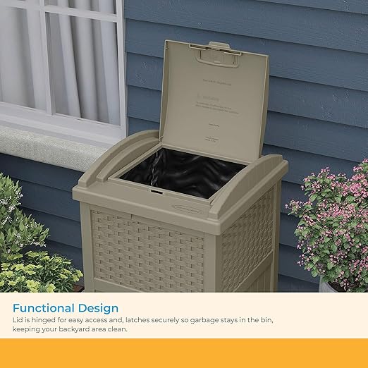 Suncast Hideaway Outdoor Trash Can with Lid - 30 Gallon Trash Can, Dark Taupe, Decorative Wicker-Style Garbage Bin, Weather-Resistant Resin, Fits 30-33 Gallon Bags, Ideal for Patio & Yard, Made in USA