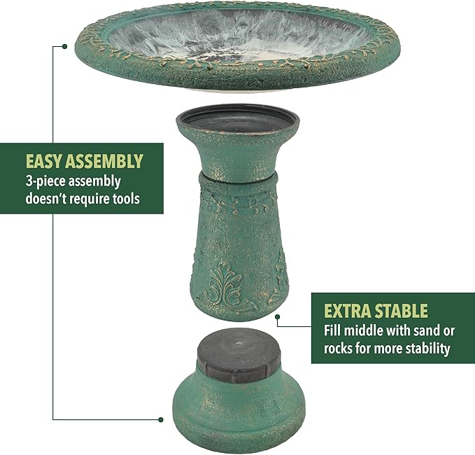 Arcadia Garden Products BB04 Fiberclay Bird Bath Outdoor Garden Decor, Antique Vintage Weather Resistant Water Bowl for Backyard and Patio and, 20-inch Tall, Green