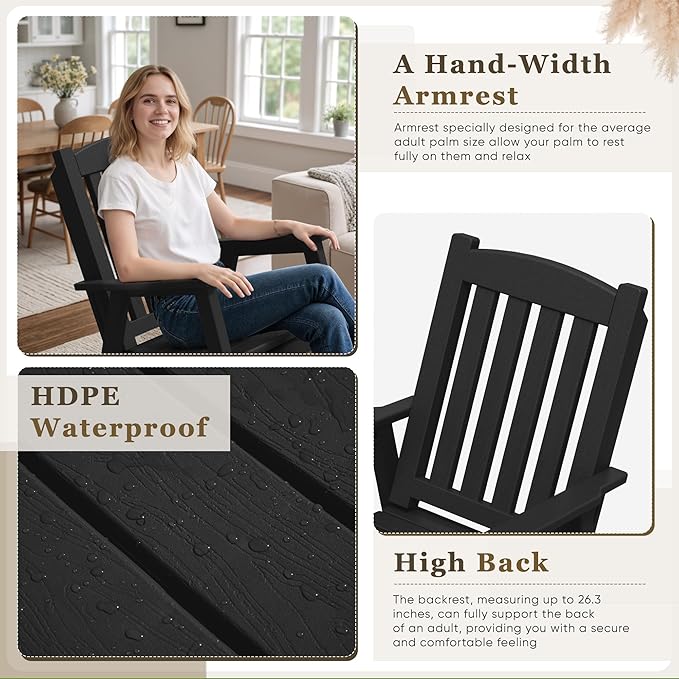 Greesum Outdoor Rocking Chair, 300lbs All-Weather Patio Rocker, Rust-Proof & UV-Resistant, Comfortable Smooth Glide for Deck, Porch, Lawn, or Garden, Black