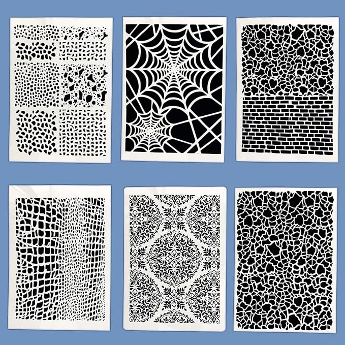 TIAMECH 6 Pcs A4 Reusable Graffiti Stencils for Painting - Mosaic Web Brick Texture Layering Templates, DIY Wall Art, Wood Furniture, Scrapbook & Crafts (8.3x11.7inch)