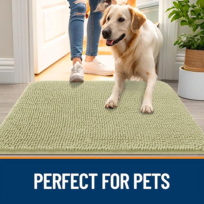 OLANLY Dog Door Mat for Muddy Paws 45x27, Absorbs Moisture and Dirt, Absorbent Non-Slip Washable Doormat, Quick Dry Chenille Mud Mat for Dogs, Entry Indoor Entryway Carpet for Inside Floor, Vanilla