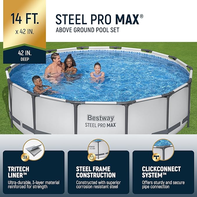 Bestway Steel Pro MAX 14' x 42" Above Ground Pool, Round Metal Frame Outdoor Swimming Pool Set with Filter Pump, Ladder, and Cover, Gray
