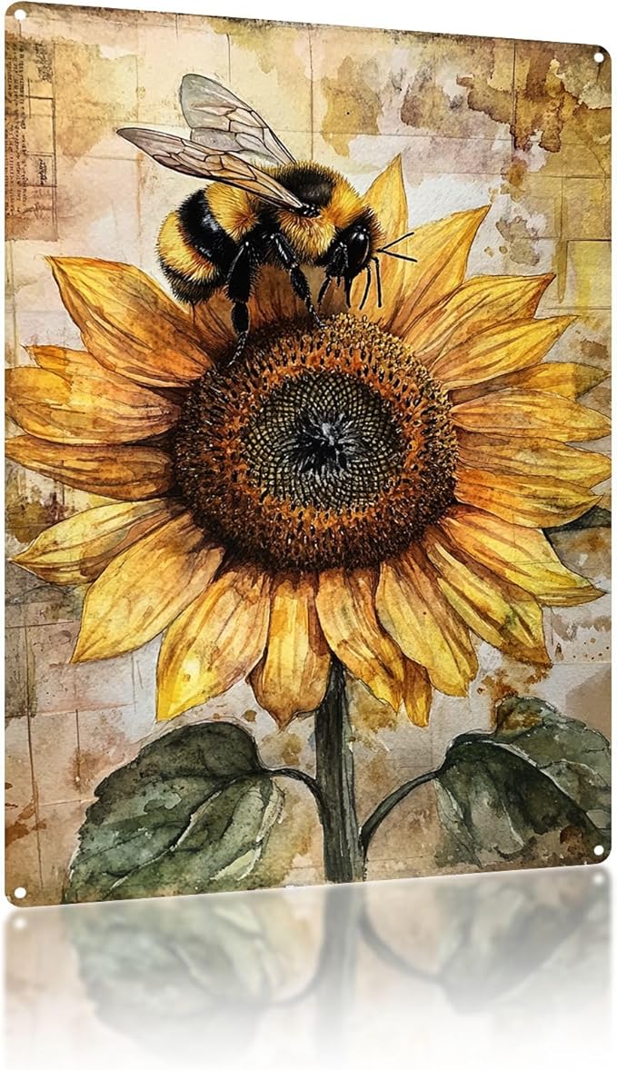Vintage Garden Metal Tin Signs Bee Sunflower Funny Tin Sign Rustic Indoor Outdoor Wall Decor for Home Garden Yard Farmhouse Greenhouse Patio Porch Bar 12×16 Inch