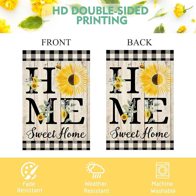 ORTIGIA Summer Sunflower Garden Flag Double Sided 12.5x18 Inch, Home Sweet Home Spring Floral Flower Buffalo Plaid Check Small Yard Flag Burlap Vertical Outside Outdoor Lawn Patio Decor