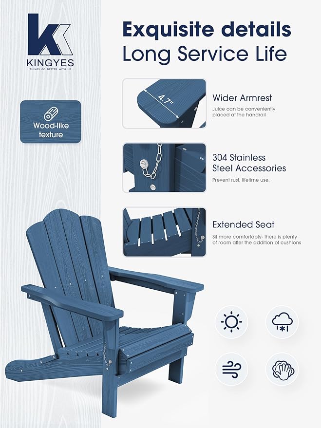 KINGYES Folding Adirondack Chair Set of 2, HDPE All-Weather Adirondack Chair, Navy