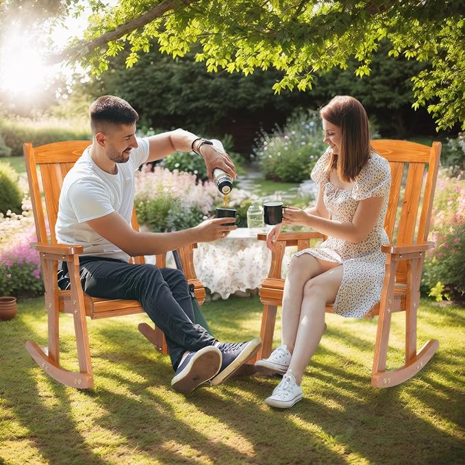 VINGLI Outdoor Rocking Chair, Heavy Duty 600 LBS Wooden Rocking Bench with Comfortable Backrest, Weatherproof Patio Rocker with Ergonomic Design, Wood Rocking Chair for Patio, Garden (Teak, 1PC)