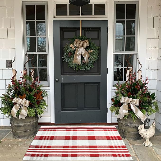Christmas Plaid Outdoor Rug, 2'4" x 3'7" Red&White Check Indoor/Outdoor Area Rug, Layering Rug for Hello/Welcome Door Mat, Machine Washable Cotton Woven Rug for Farmhouse Front Porch,Entryway