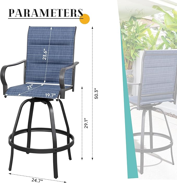 Vongrasig 2 Piece Outdoor Patio Swivel Bar Chairs, All Weather Padded Sling Textile High Top Bar Stools, Bistro Set for Backyard, Lawn Garden, Balcony, Padded Blue